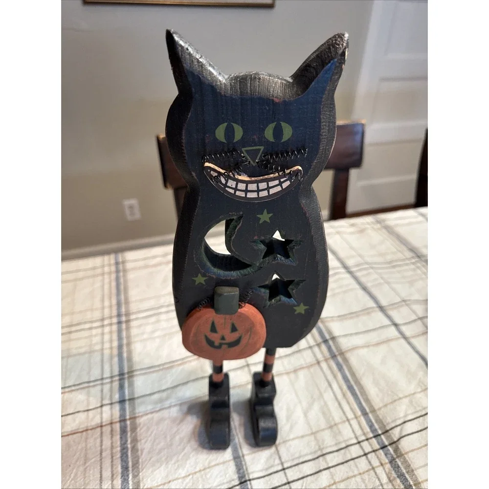 Wooden Black Cat Halloween Figurine Rustic Folk Art Anthropomophic Kitty Smiling